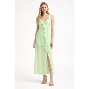 NWT H&M Divided Lime Green Ruffle Maxi Dress XL V-Neck Tie Back Bright Summer